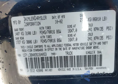 2003 Dodge Dakota Sport/Sxt z USA, uszkodzony, nr VIN 1D7HL38X03S164053